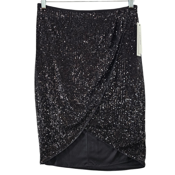NWT Calvin Klein Skirt Women's Size 10 Black Sequins Tulip Wrap Cocktail Party - Picture 1 of 10